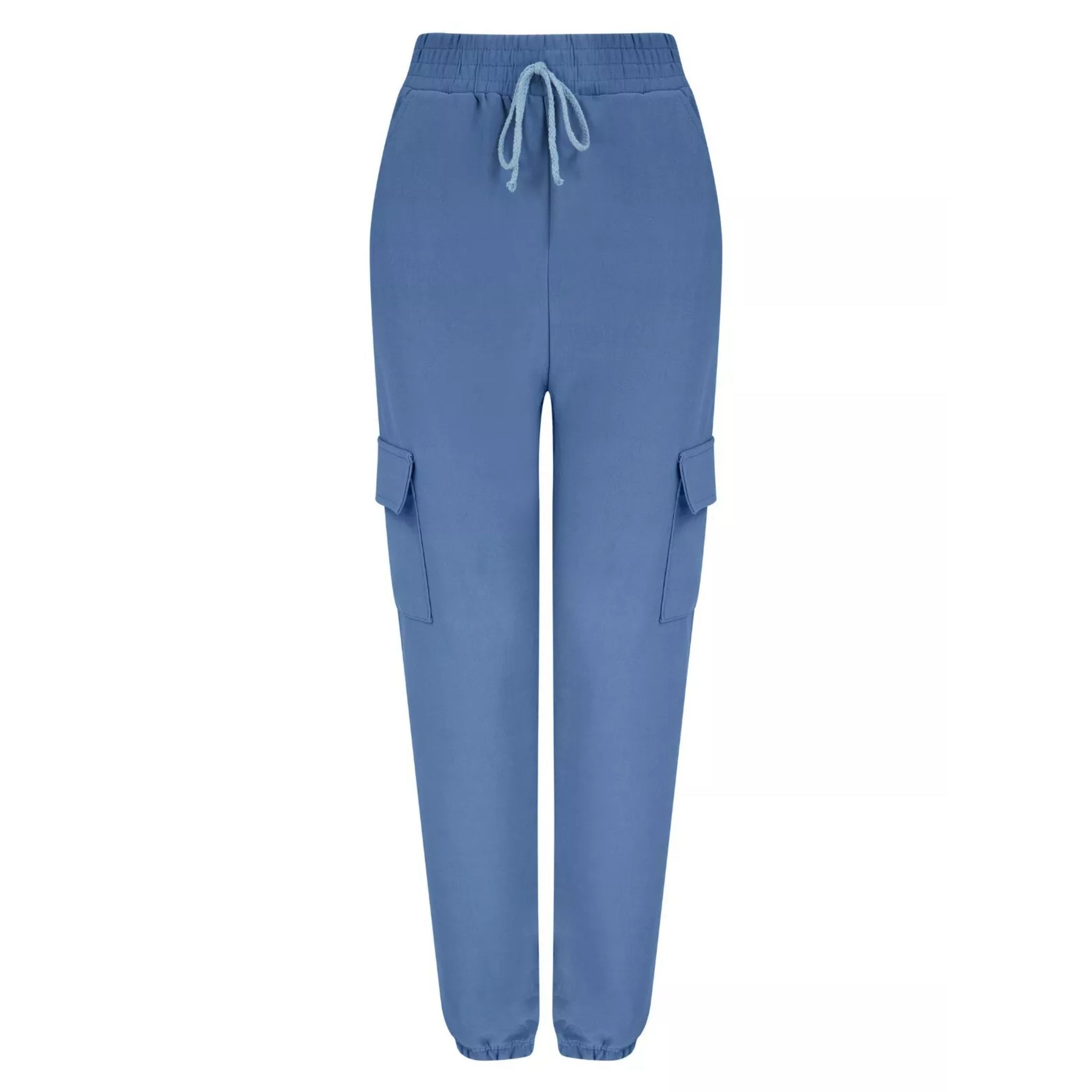Women's blue combat-style joggers with elasticated waistband, drawstring tie, and side cargo pockets – casual utility trousers
